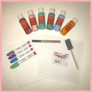 Supplies for Mother's Day footprint art-paint, paint brushes, markers and canvases