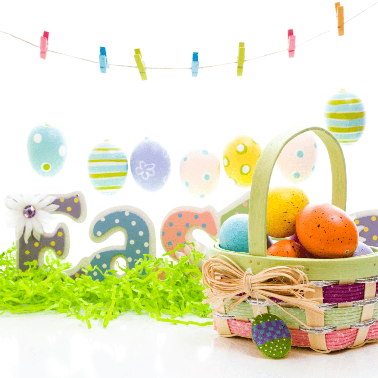 Easter basket with clothes pins holding pastel Easter eggs behind it.
