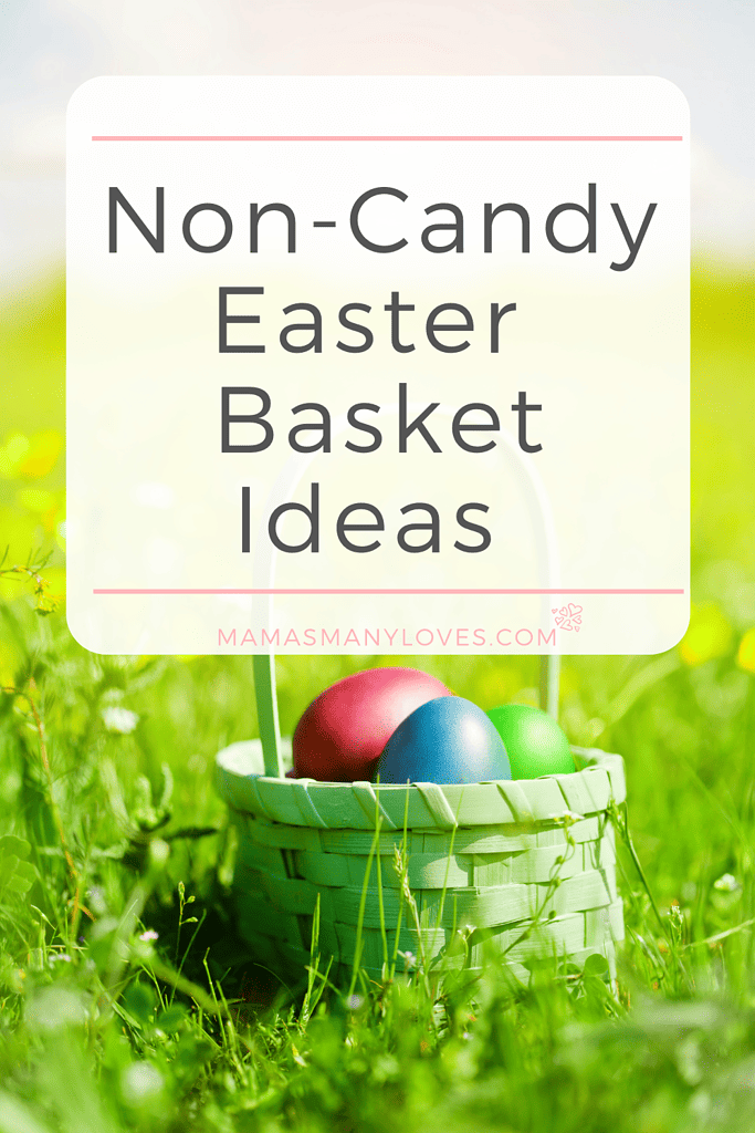Non-Candy Easter Basket Ideas text title over green Easter basket with eggs