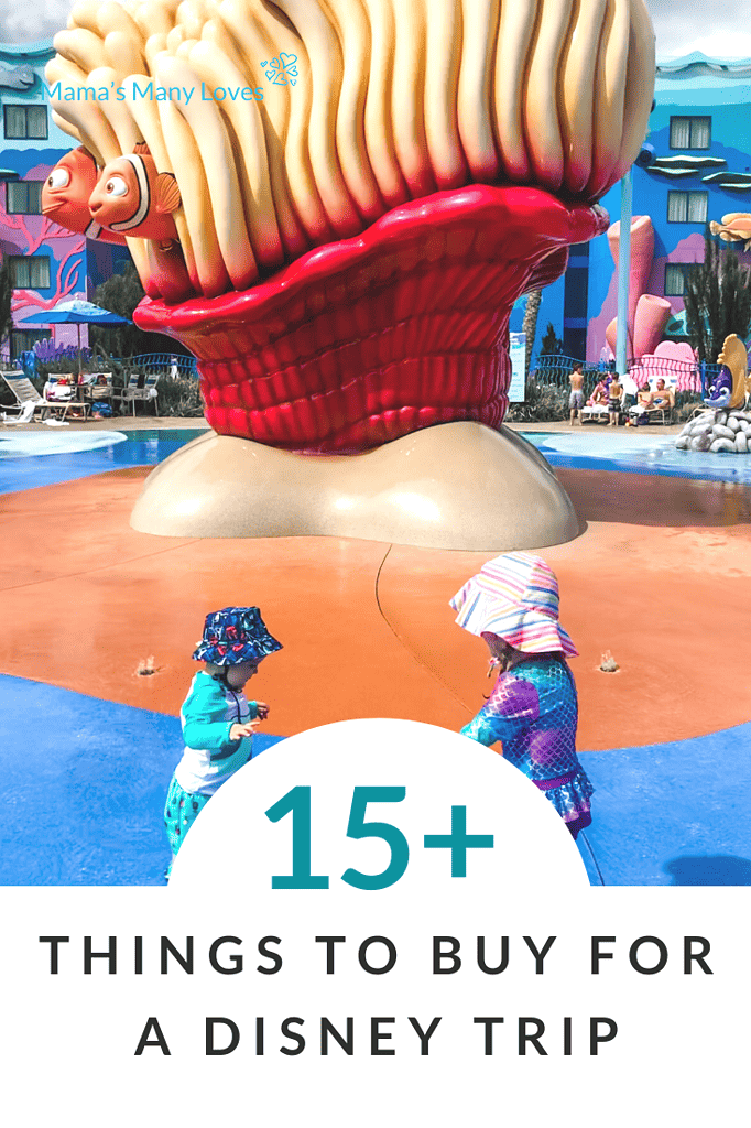 15+ Things to Buy for a Disney Trip text overlay with 2 kids playing in front of Nemo Statue at Art of Animation resort, Walt Disney World