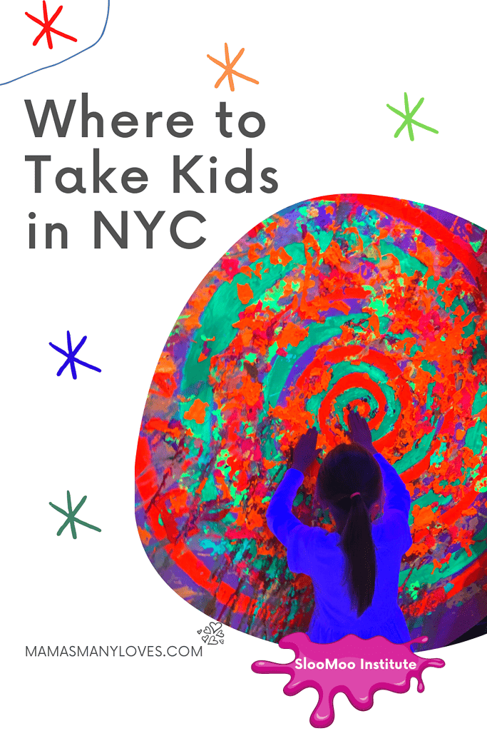 Where to Take Kids in NYC text overlay on top of a photo of a child applying slime to a spinning wheel.