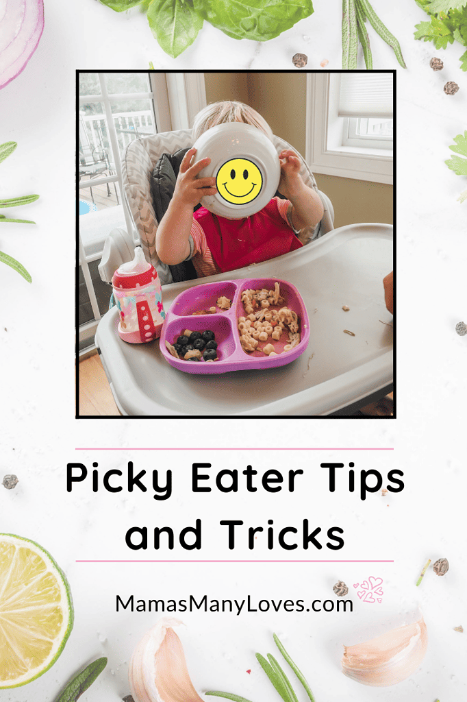 Baby tipping bowl up to eat with text overlap Picky Eater Tips and Tricks