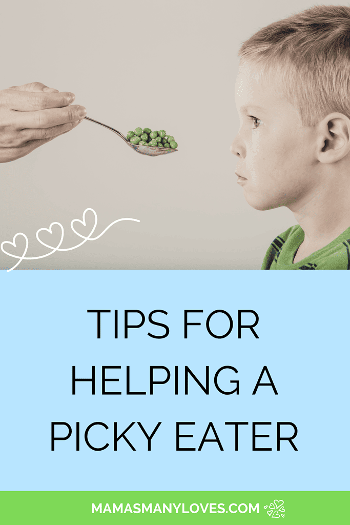 Child looking at broccoli with text overlay Tips for Helping a Picky Eater