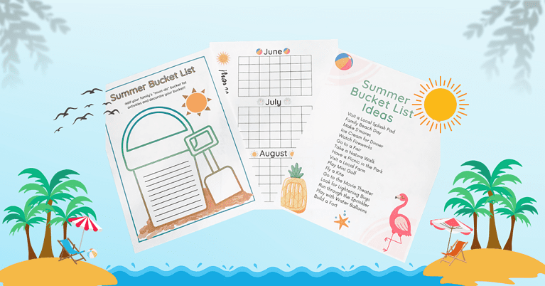 Graphic of islands, palm trees, sunshine and waves with overlay of Summer Bucket List mockup. Images includes Summer Bucket List for Families, Summer Calendar and Summer Bucket List Ideas