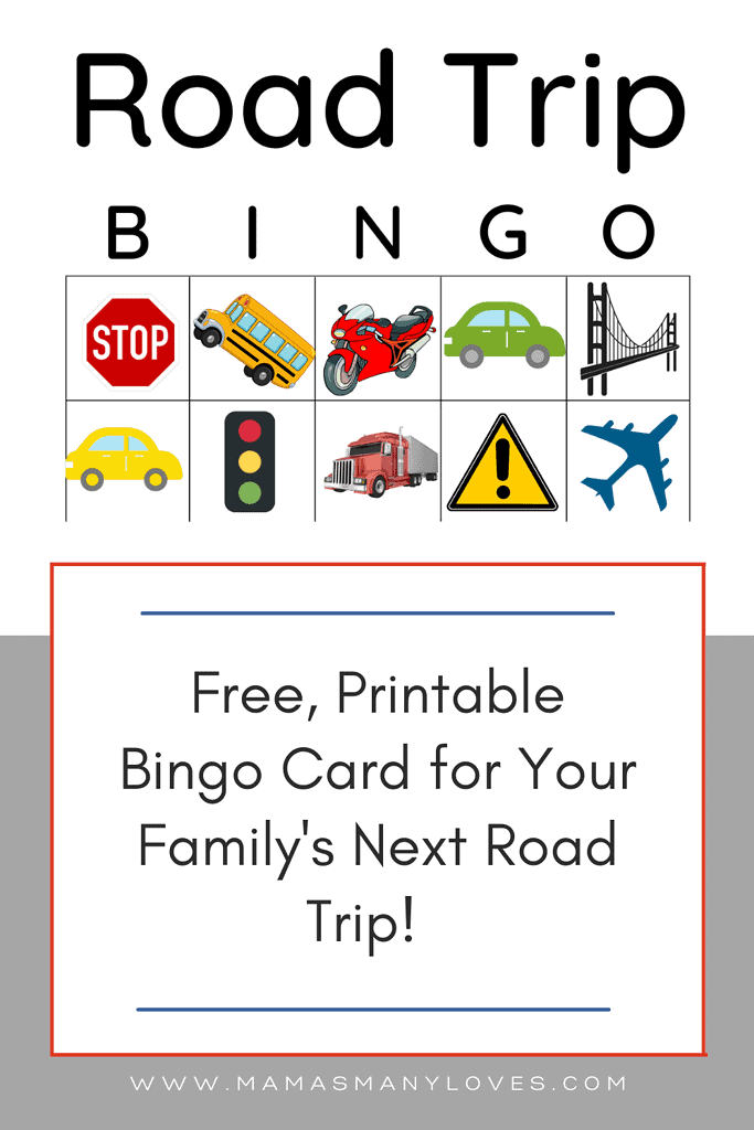 Mock up of road trip bingo card with text overlay "Free, Printable Bingo Card for Your Family's Next Road Trip!"