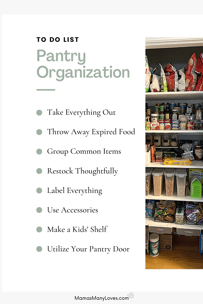 Long image of organized pantry with text overlay "To Do List Pantry Organization"