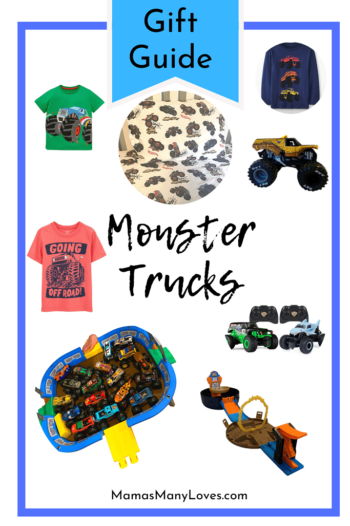 Photos of Monster Truck bedding, shirts and toys. Text overlay: Gift Guide, Monster Trucks