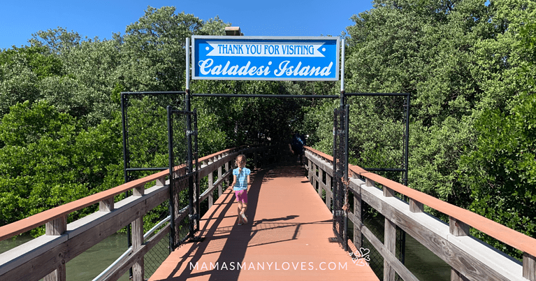 Photo of child walking on dock at Caladesi Island ferry with sign reading "Thank you for visiting Caladesi Island"