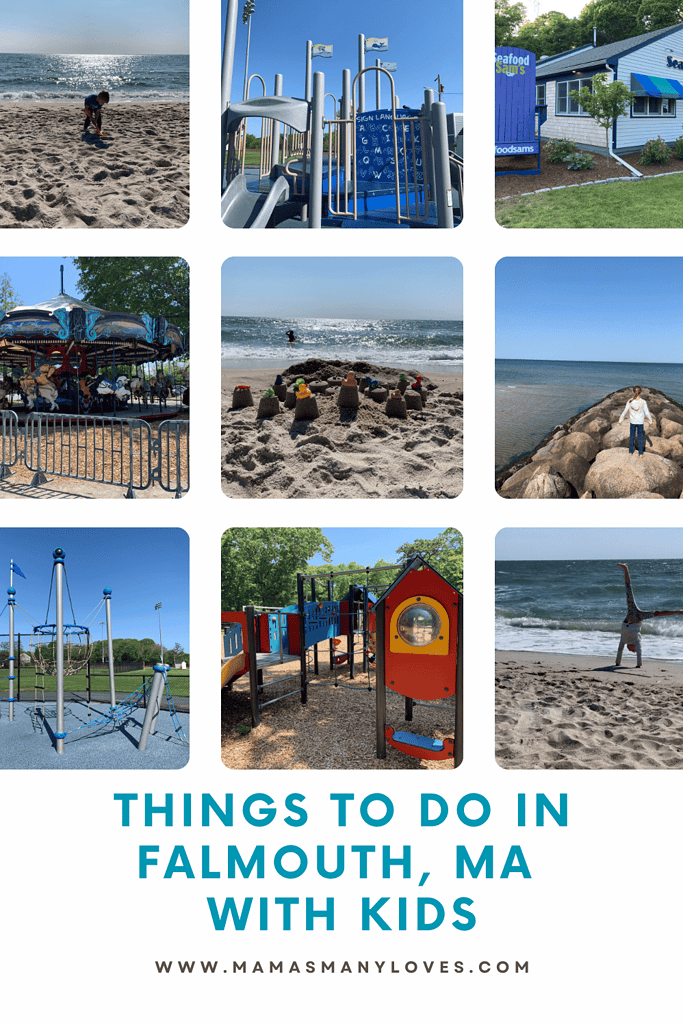 Photos of Things to Do in Falmouth, Massachusetts with kids including (from top left) Old Silver Beach, Falmouth Community Recreation Playground, Seafood Sam's Restaurant, Carousel of Light, Old Silver Beach with kids' sandcastles, rock jetty at Old Silver Beach, Goodwill Park playground. 