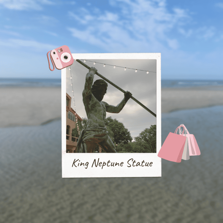 Photo of King Neptune Statue at Shelter Cove in Hilton Head superimposed over photo of beach on Hilton Head Island.