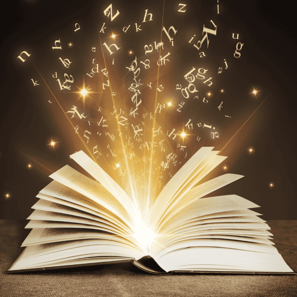 Photo of an open book with golden glitter letters exploding from its center. Featured image for post How to Read 24 Books in 2024.