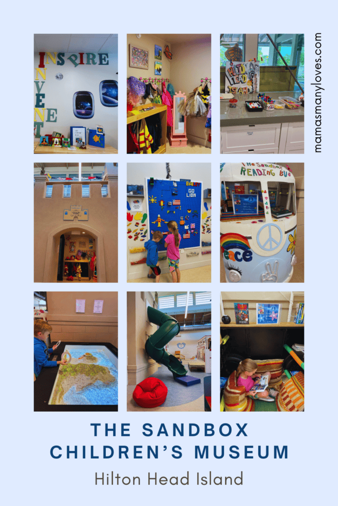 Photos taken at The Sandbox Children's Museum in Hilton Head, South Carolina including the Maker Space, Dress Up room, Lego Wall, Reading Bus, Biome Sand Table and Slide.