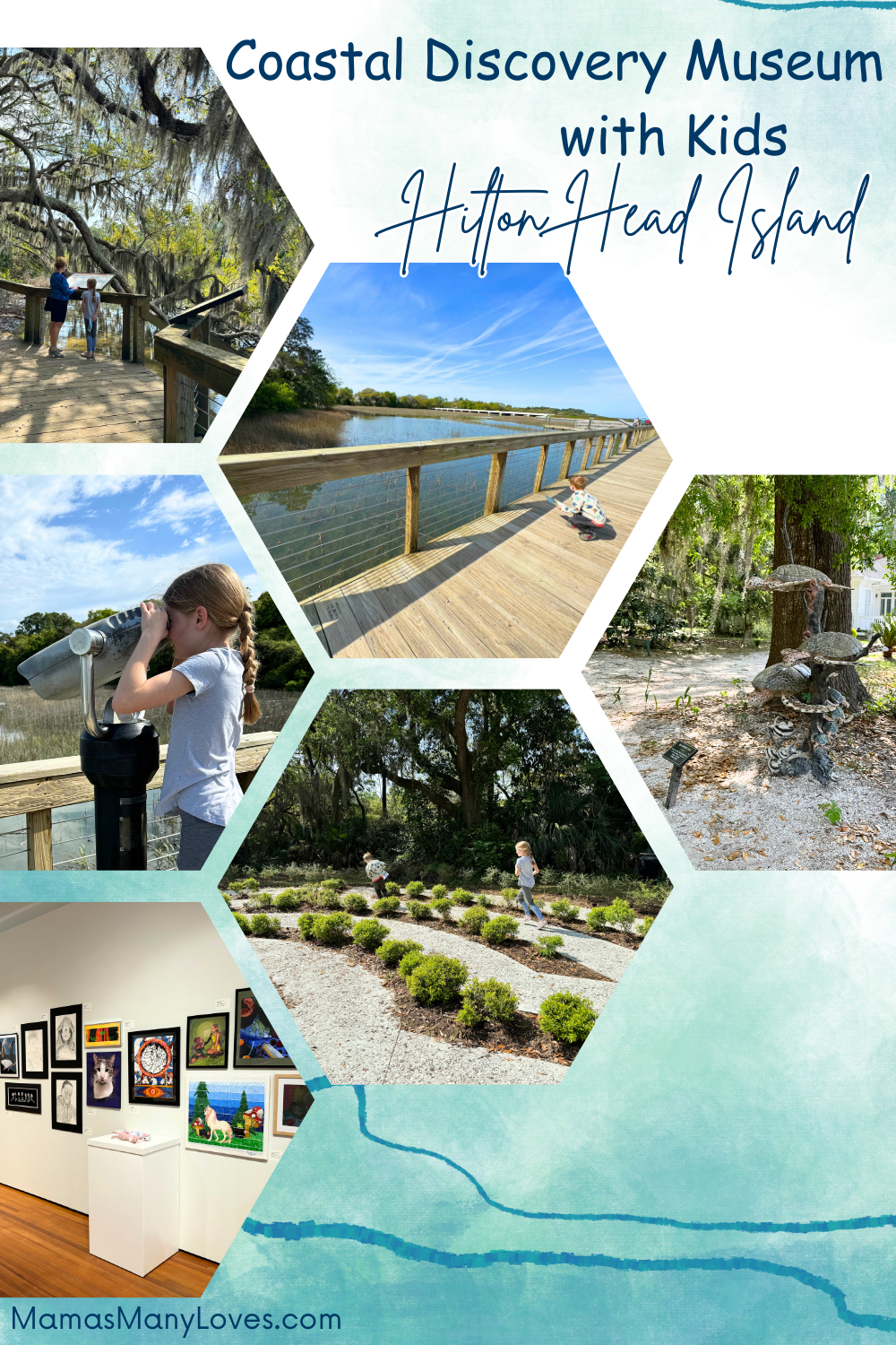 A collage of photographs of kids playing outside along with Honey Horn trail at the Coastal Discovery Museum on Hilton Head Island. 